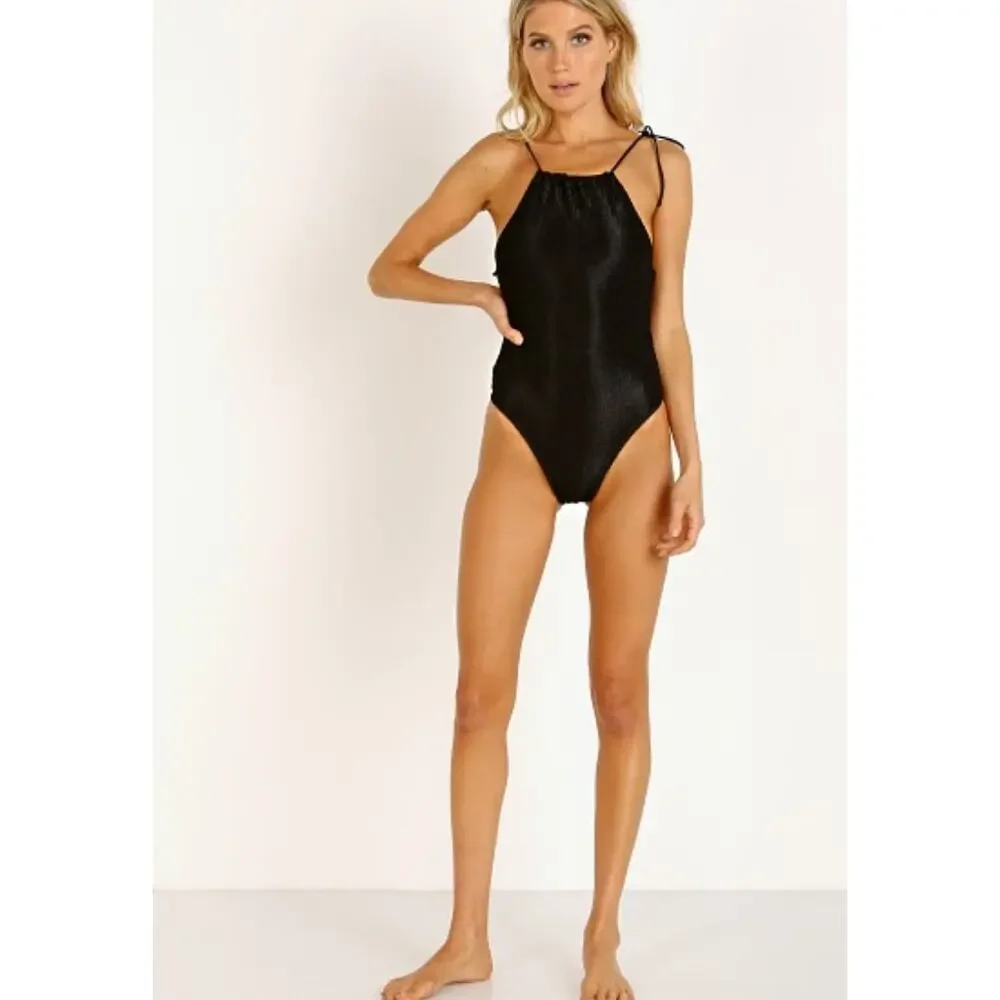 Frankie's Bikinis Women's Hide and Seek One Piece M Black Tie Straps Ribbed Knit